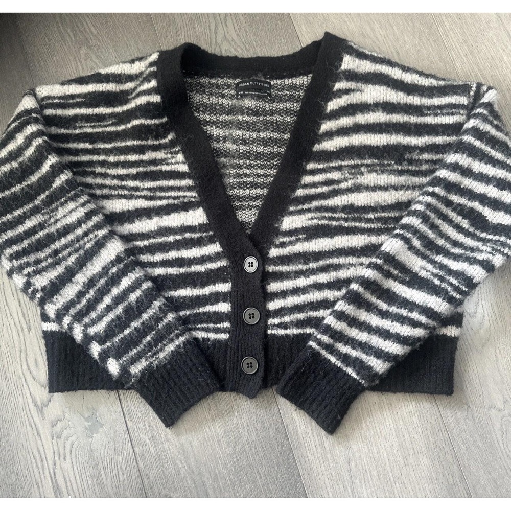 Urban Outfitters Cardigan Wool Sweater Medium Black Zebra Stripe Button CropKnit